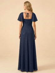 Navy Blue Square Neck Flutter Sleeve Slit Evening Gown with Rhinestone