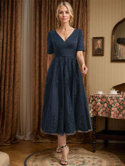A-line V-Neck Tea-Length Tulle Lace Mother of the Bride Dress With Pleated