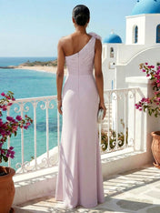 Purple One Shoulder Mermaid Pleat Maxi Dress with Flower