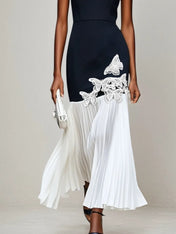 Black Pleated 3D Floral Classic V Neck Sleeveless Mermaid Maxi Dress