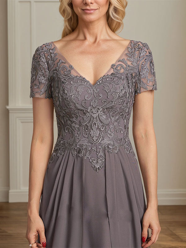 A-line V-Neck Floor-Length Chiffon Lace Mother of the Bride Dress