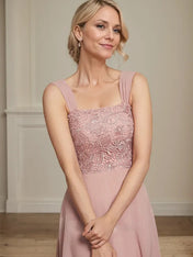A-line Square Tea-Length Chiffon Lace Mother of the Bride Dress With Sequins Beading