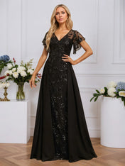 Sheath/Column Illusion V-Neck Floor-Length Sequin Chiffon Lace Evening Dress With Overskirt