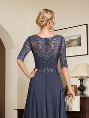A-line Scoop Illusion Floor-Length Chiffon Lace Mother of the Bride Dress With Pleated Sequins