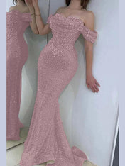 Champagne Pearl Sequin Off-the-Shoulder Mermaid Prom Dress