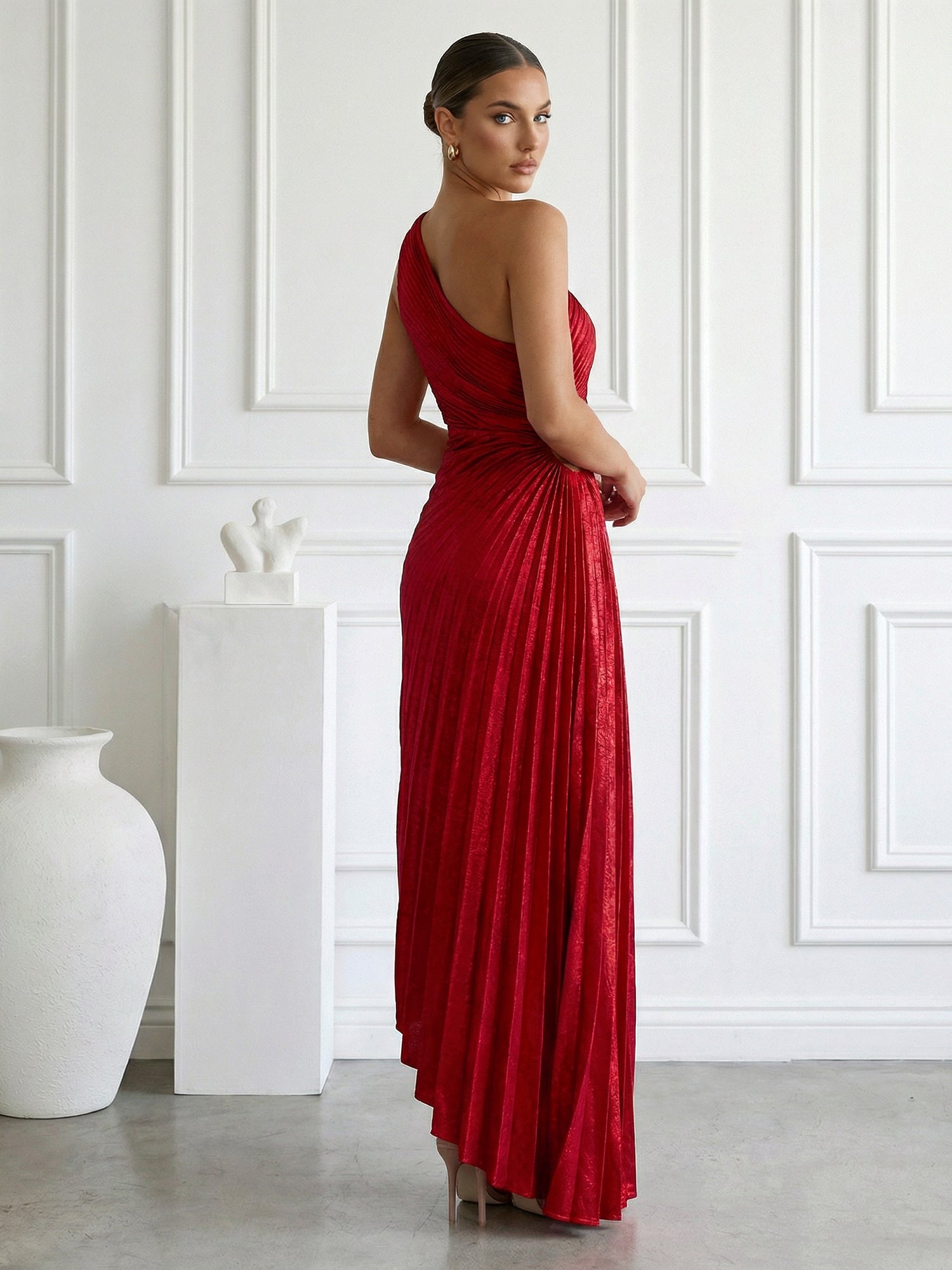 Burgundy One Shoulder Mermaid Maxi Dress Prom Dress with Pleat