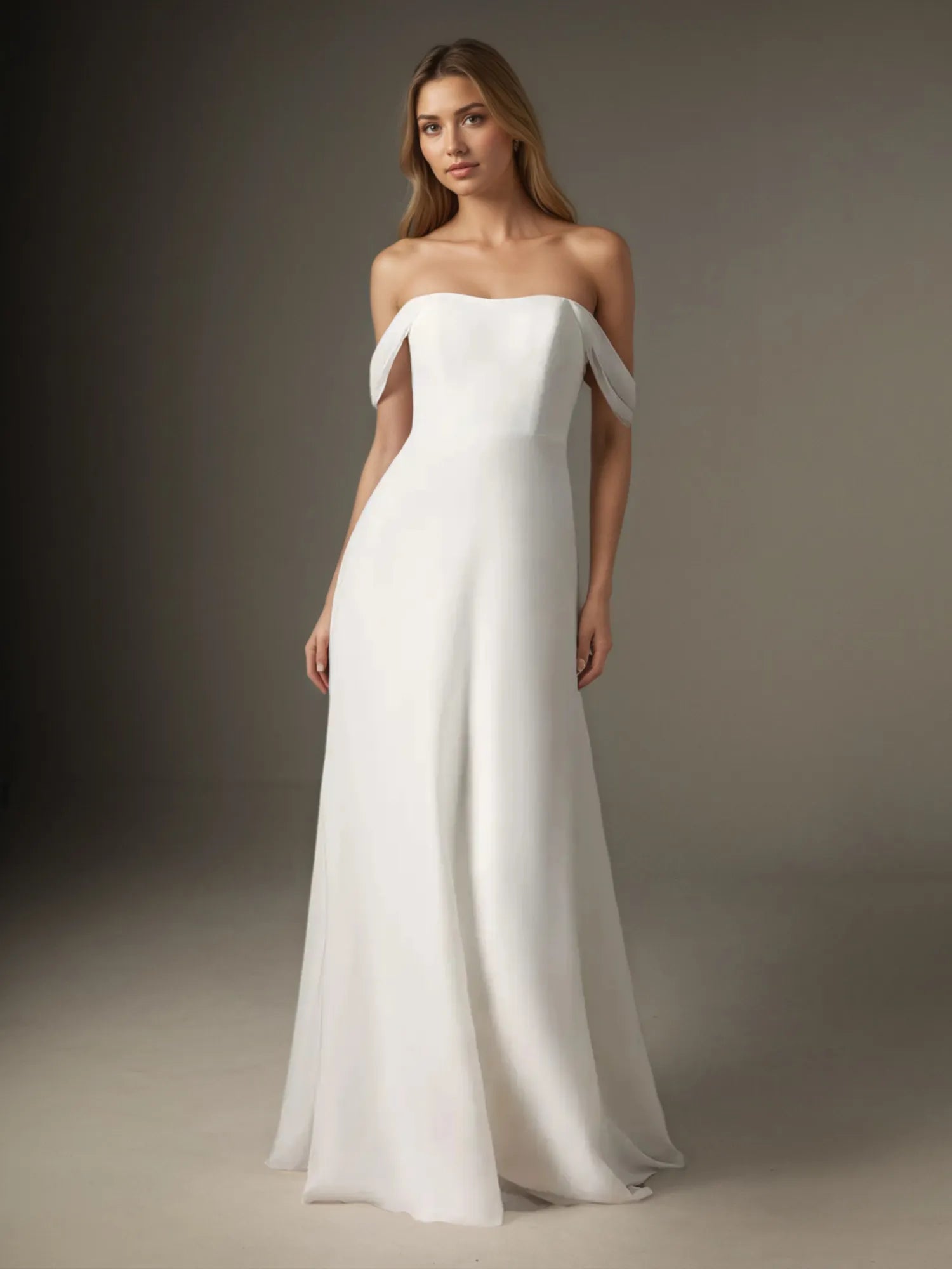 White A-Line Off the Shoulder Stretch Chiffon Wedding Dress