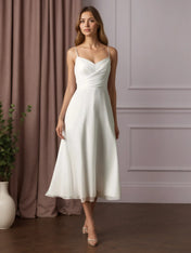 White A-Line V-Neck Pleated Crinkle Chiffon Wedding Dress