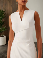 White V Neck Sleeveless Slit Sheath Midi Dress