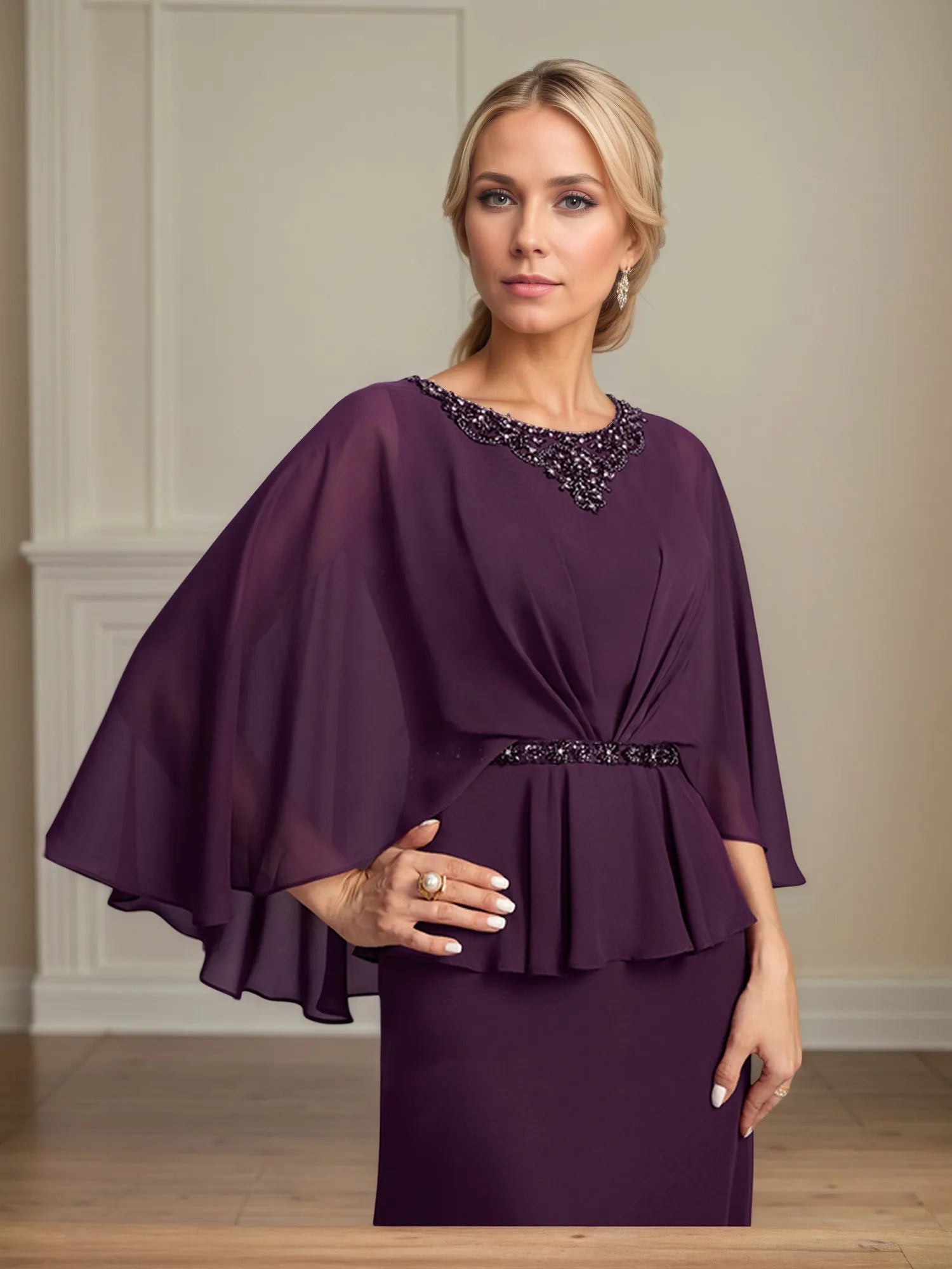 A-line Scoop Floor-Length Chiffon Mother of the Bride Dress With Pleated Sequins Beading