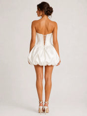 Elegant Strapless Sweetheart Mini Wedding Dress with Pearl Detail, Bubble Skirt and Lace-Up Back