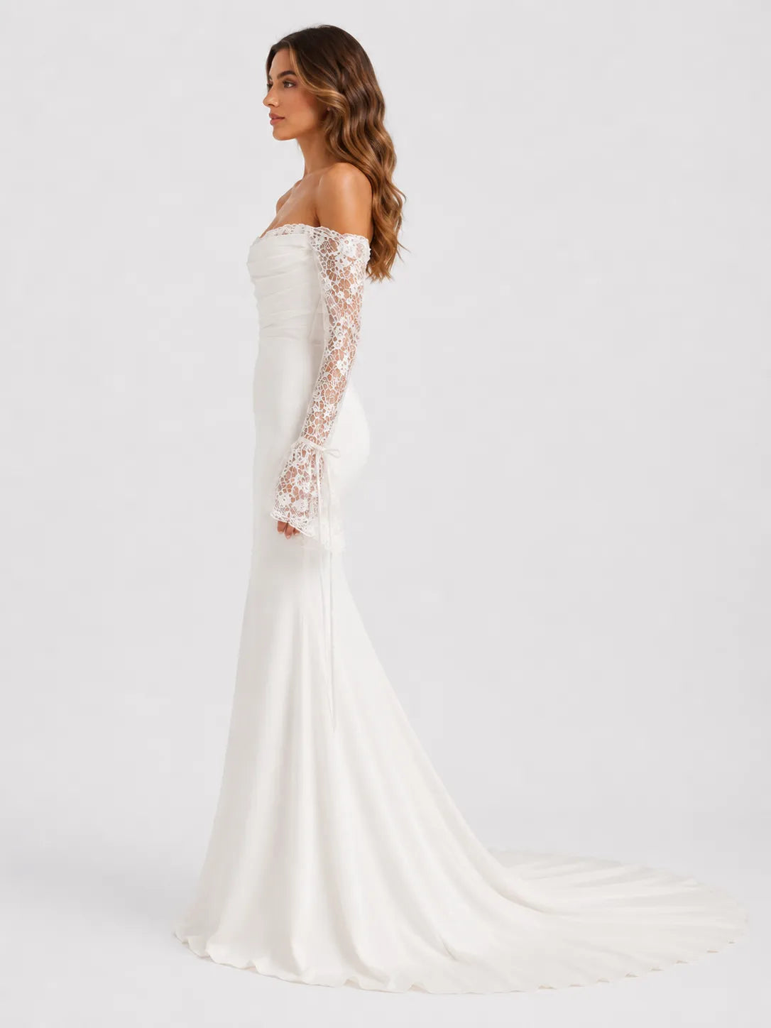 Off-the-Shoulder Lace Long Sleeve Ruched Mermaid Wedding Dress with Chapel Train