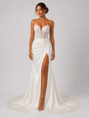 Elegant Strapless Lace Corset Satin Wedding Dress with High Slit and Chapel Train