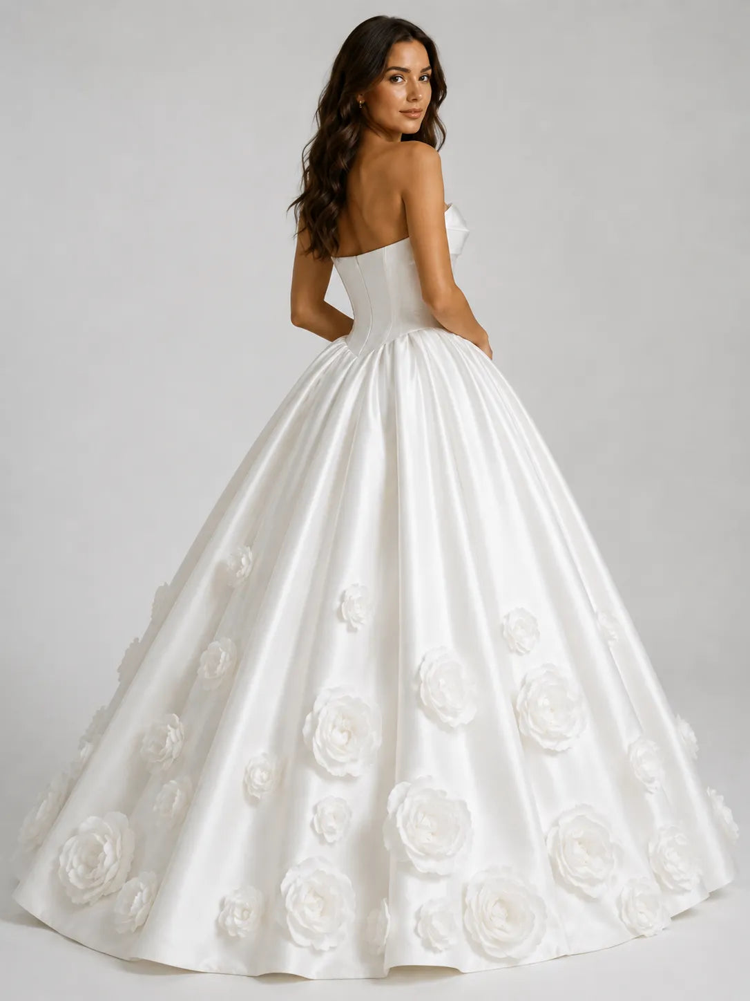 Elegant Strapless Satin Ball Gown Wedding Dress with 3D Floral Appliqués and Draped Straight Neckline