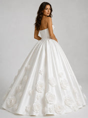 Elegant Strapless Satin Ball Gown Wedding Dress with 3D Floral Appliqués and Draped Straight Neckline