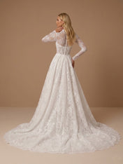White High Neck A Line Lace Applique Wedding Dress with Train