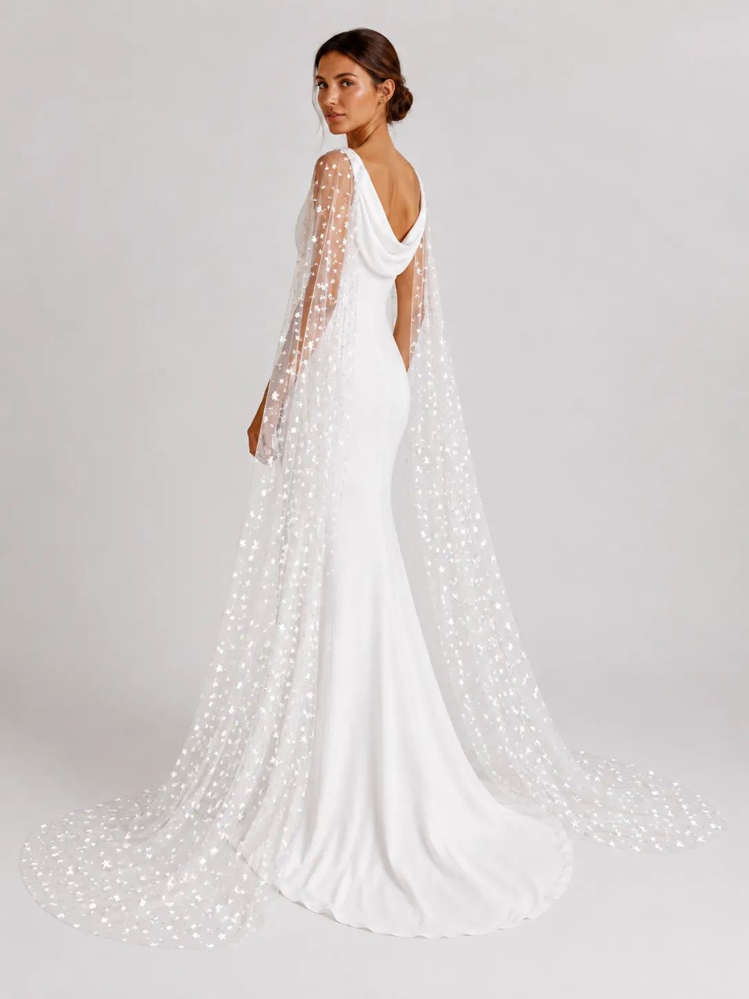 Elegant Cowl-Neck Sheath Wedding Dress with Star-Embroidered Tulle Cape and Low V-Back