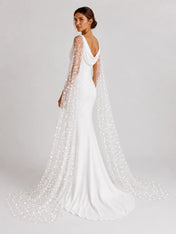 Elegant Cowl-Neck Sheath Wedding Dress with Star-Embroidered Tulle Cape and Low V-Back