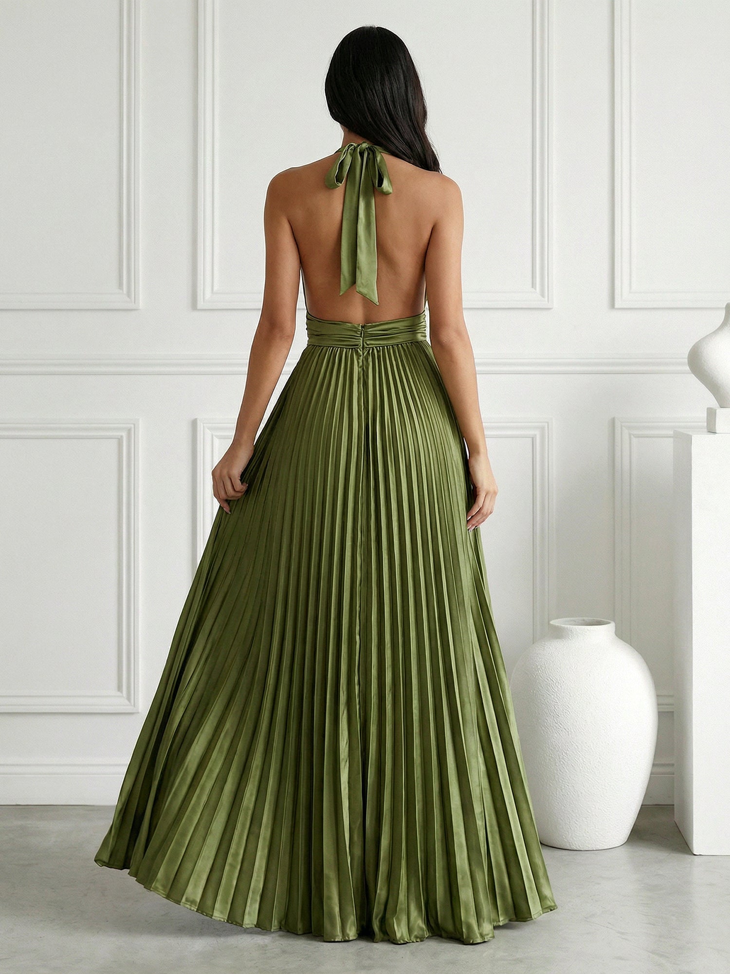 Sage Green V Neck Maxi Dress Prom Dress with Pleat