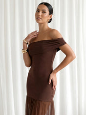 Brown Off the Shoulder Mermaid Maxi Dress with Ruffle