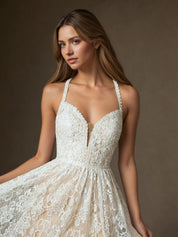 White Champagne A-Line Lace Wedding Dress