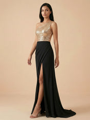 Elegant One-Shoulder Sequin Evening Gown with High Slit