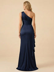 Navy Blue One-Shoulder with Ruched Bodice and High Slit