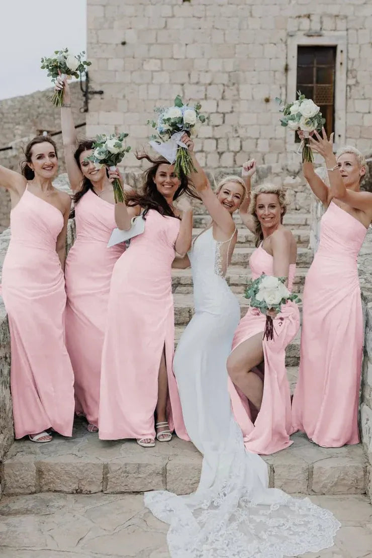 Sheath One Shoulder Light Blue Chiffon Slit Bridesmaid Dress