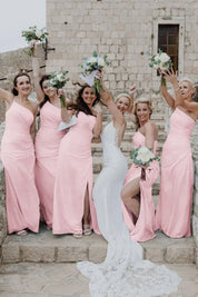 Sheath One Shoulder Light Blue Chiffon Slit Bridesmaid Dress