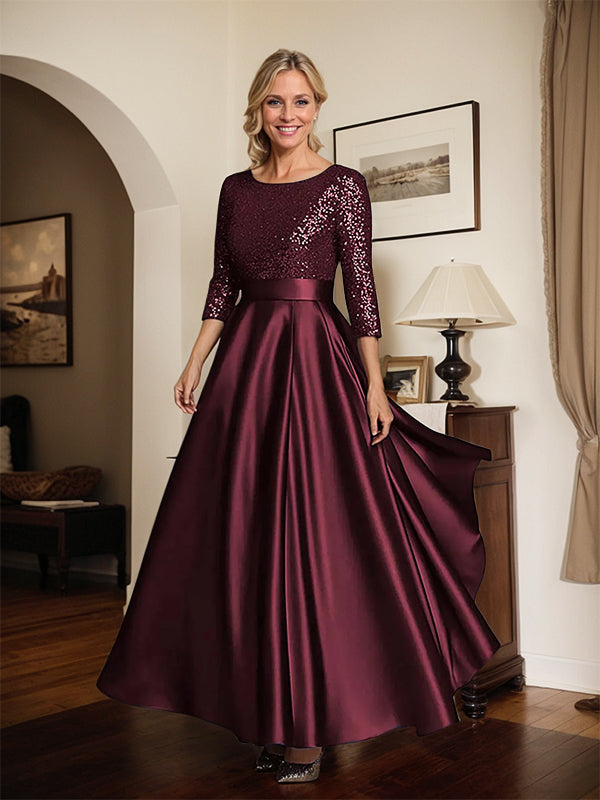 Sparkly Navy Scoop Neck Satin Mother of the Bride Dress with Sequins