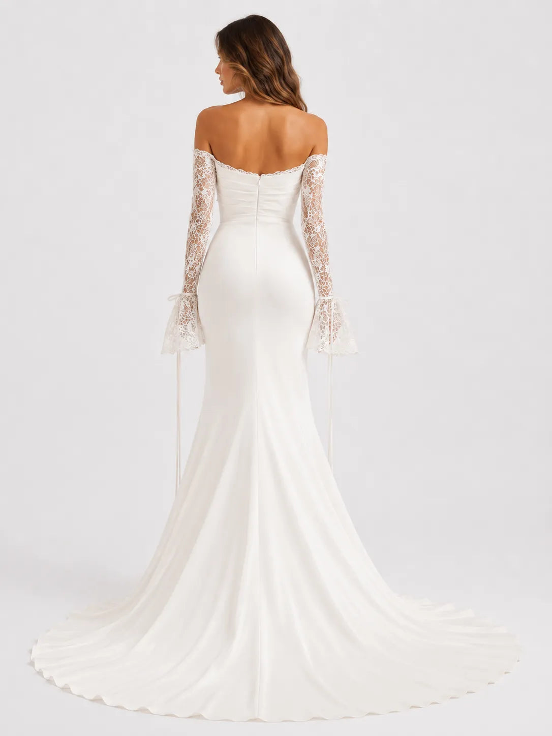Off-the-Shoulder Lace Long Sleeve Ruched Mermaid Wedding Dress with Chapel Train