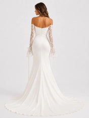 Off-the-Shoulder Lace Long Sleeve Ruched Mermaid Wedding Dress with Chapel Train