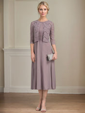 A-line Scoop Tea-Length Chiffon Mother of the Bride Dress With Pleated