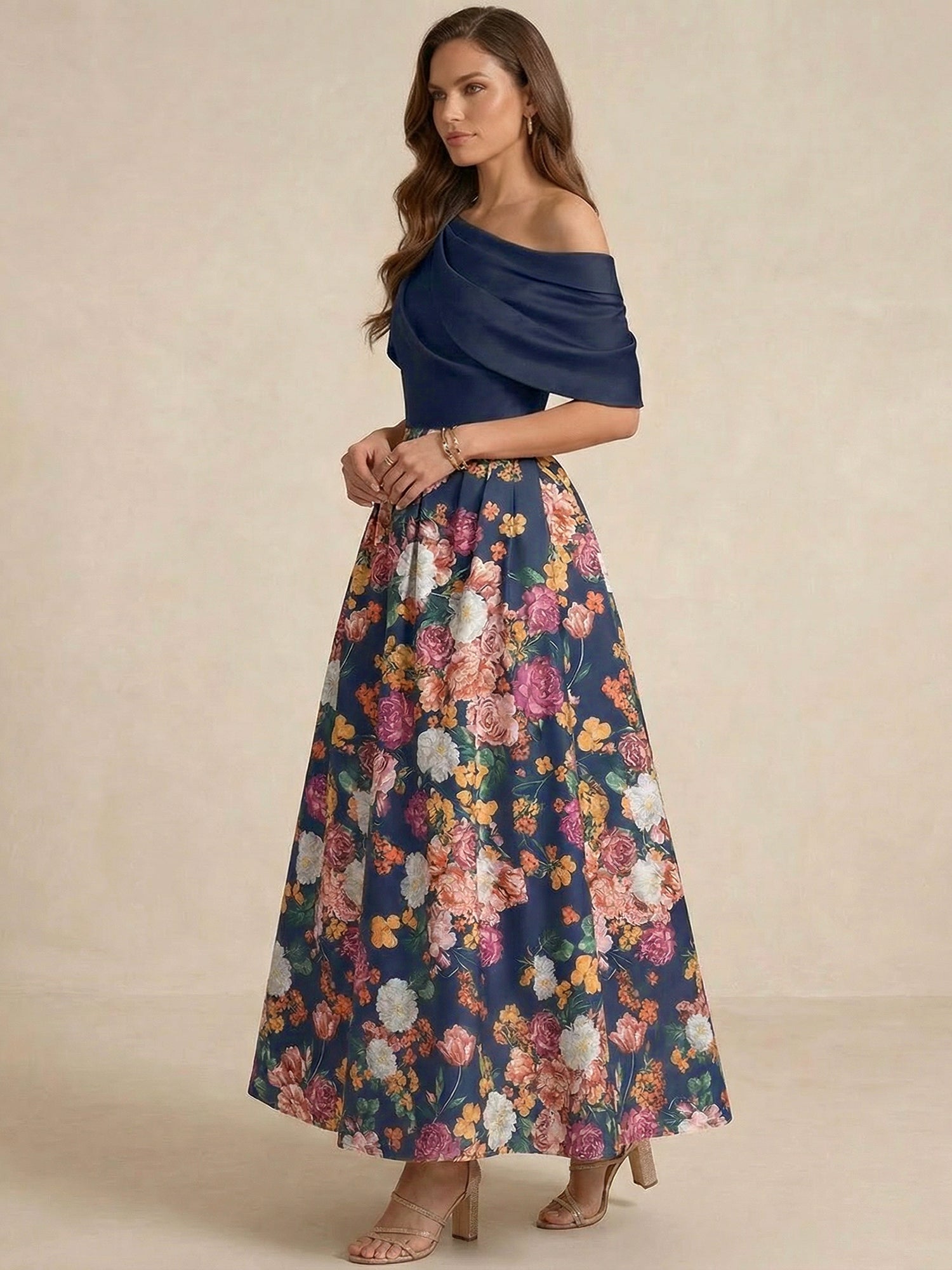 A-line Short Sleeves Pleated Ankle-Length Print Flower Mother of the Bride Dress