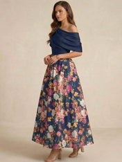 A-line Short Sleeves Pleated Ankle-Length Print Flower Mother of the Bride Dress