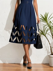 Black Devore Classic V Neck Sleeveless A-Line Midi Dress