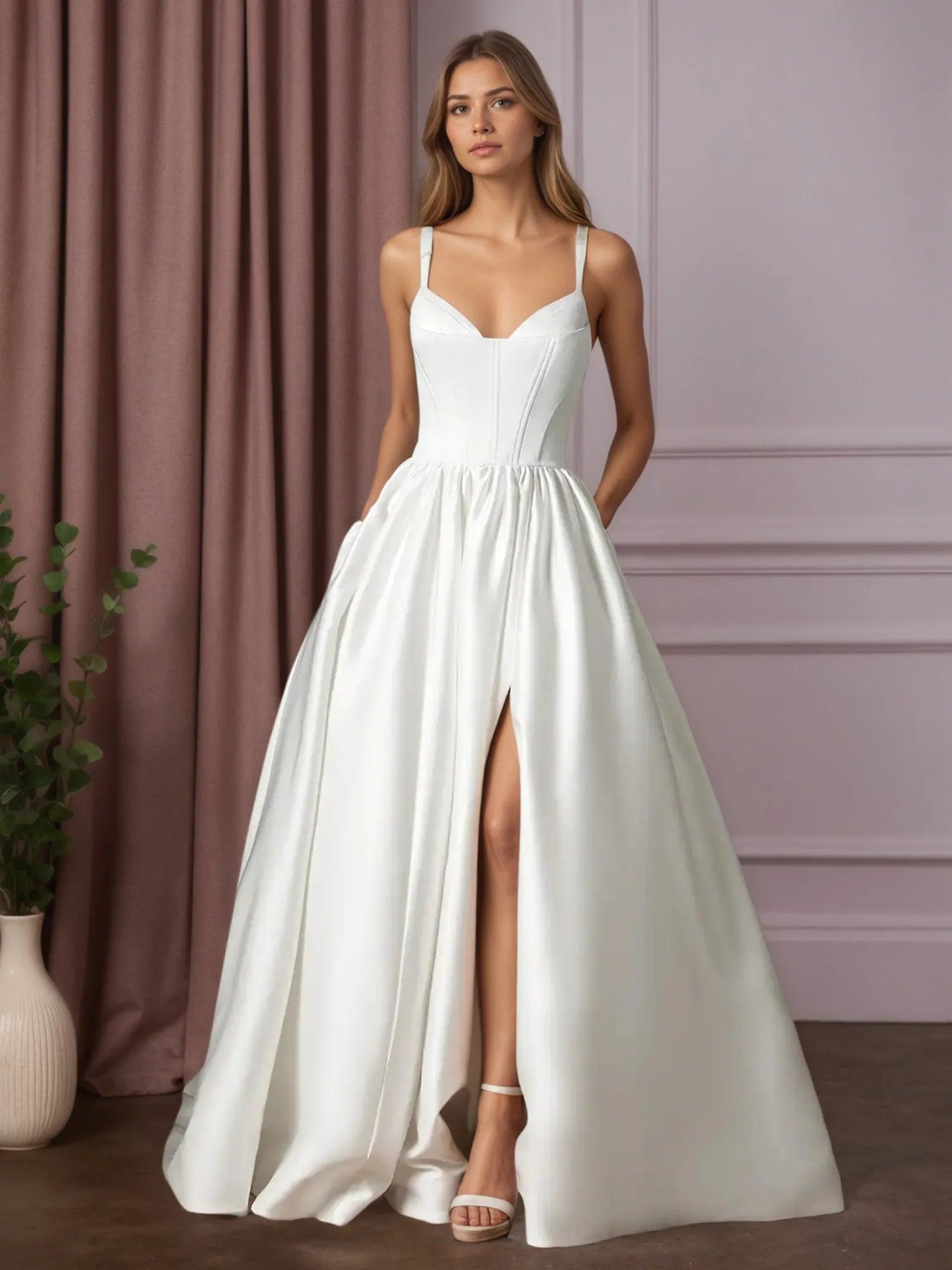 White Ball-Gown with Pockets Double Faced Satin Wedding Dress