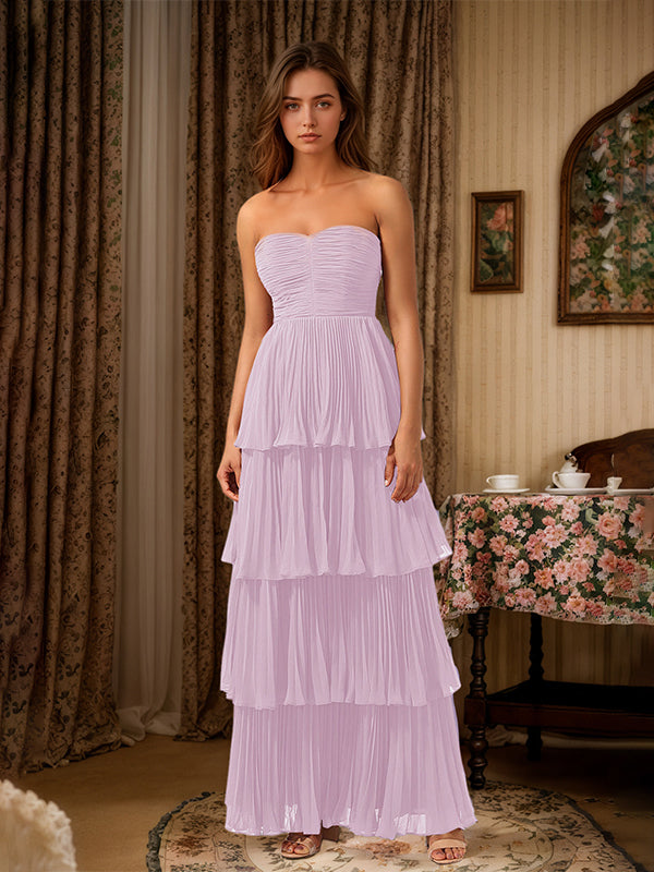 Burgundy A-Line Sweetheart Floor Length Tiered Chiffon Bridesmaid Dress