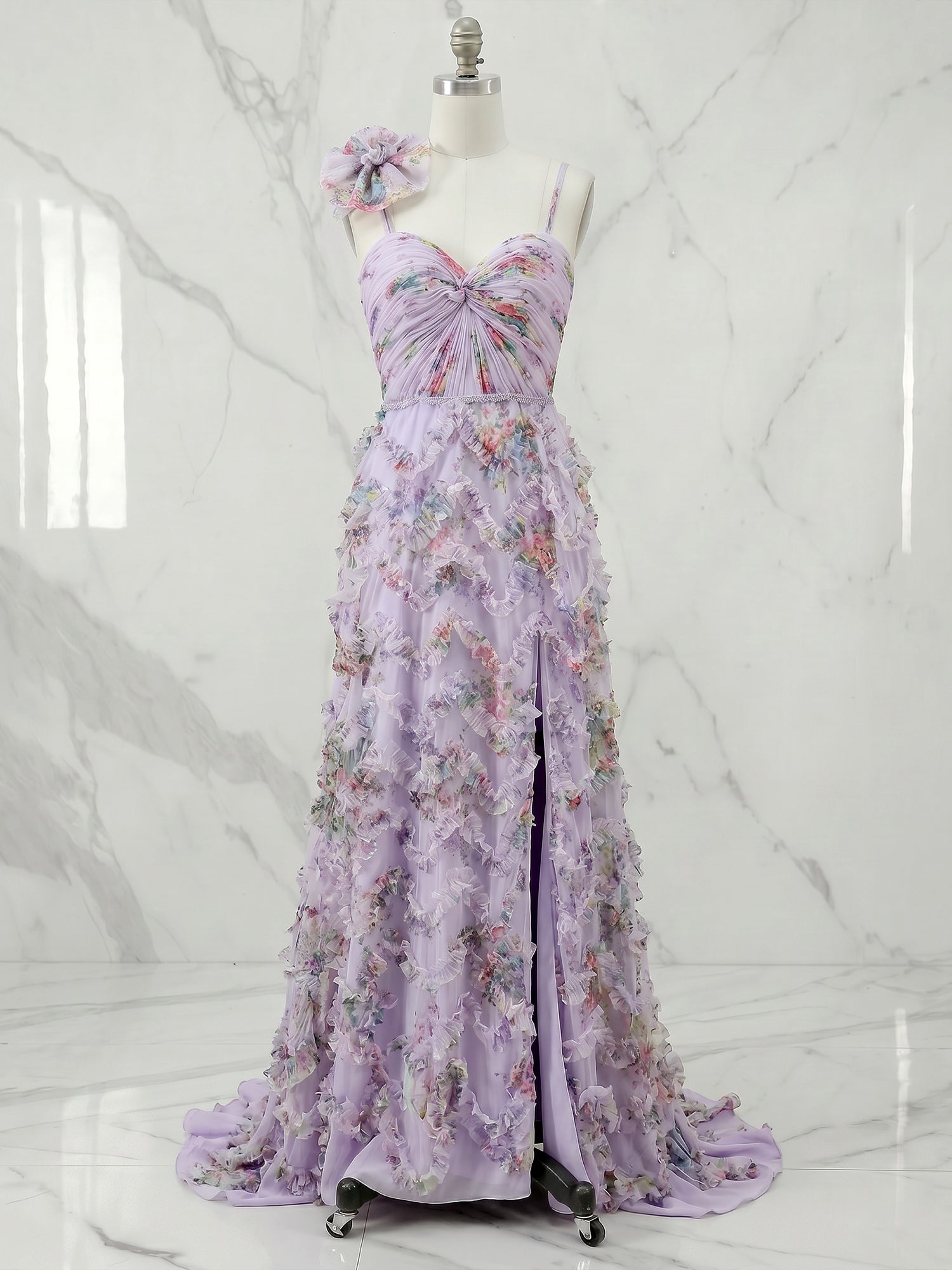 Floral Print Ruffled A-Line Gown with 3D Flower Accent Evening Dresses