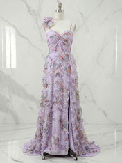 Floral Print Ruffled A-Line Gown with 3D Flower Accent Evening Dresses