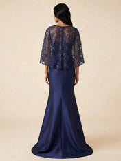 Navy Blue Flutter Sleeves Mermaid Evening Gown with Lace Capelet