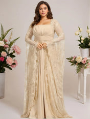 A-line Square Floor-Length Chiffon Lace Evening Dress With Beading Pleated