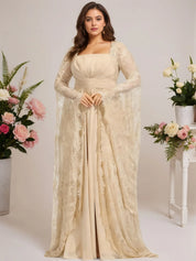 A-line Square Floor-Length Chiffon Lace Evening Dress With Beading Pleated