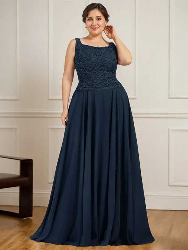 Robe de mère de la mariée trapèze carrée, longueur au sol, en mousseline de soie et dentelle, avec paillettes 