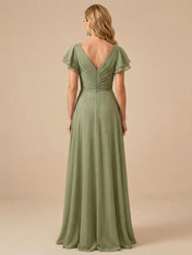 Sage Green V-Neck High-Slit Pleated Chiffon Dress
