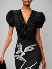 Black Folds V Neck Puff Sleeve Midi Sheath Dress