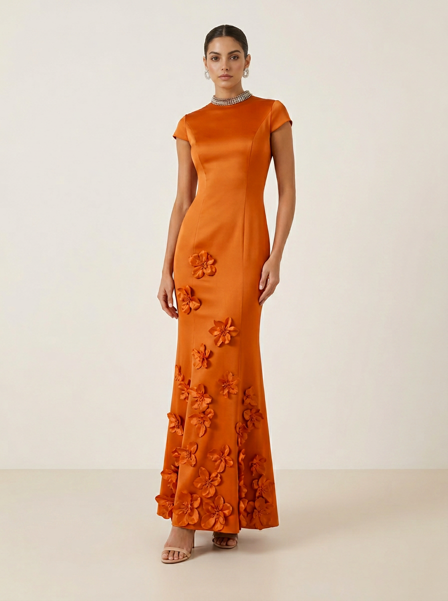 Pearl Beaded High-Neck Satin Floor-Length Evening Dresses with Cap Sleeves and 3D Flowers
