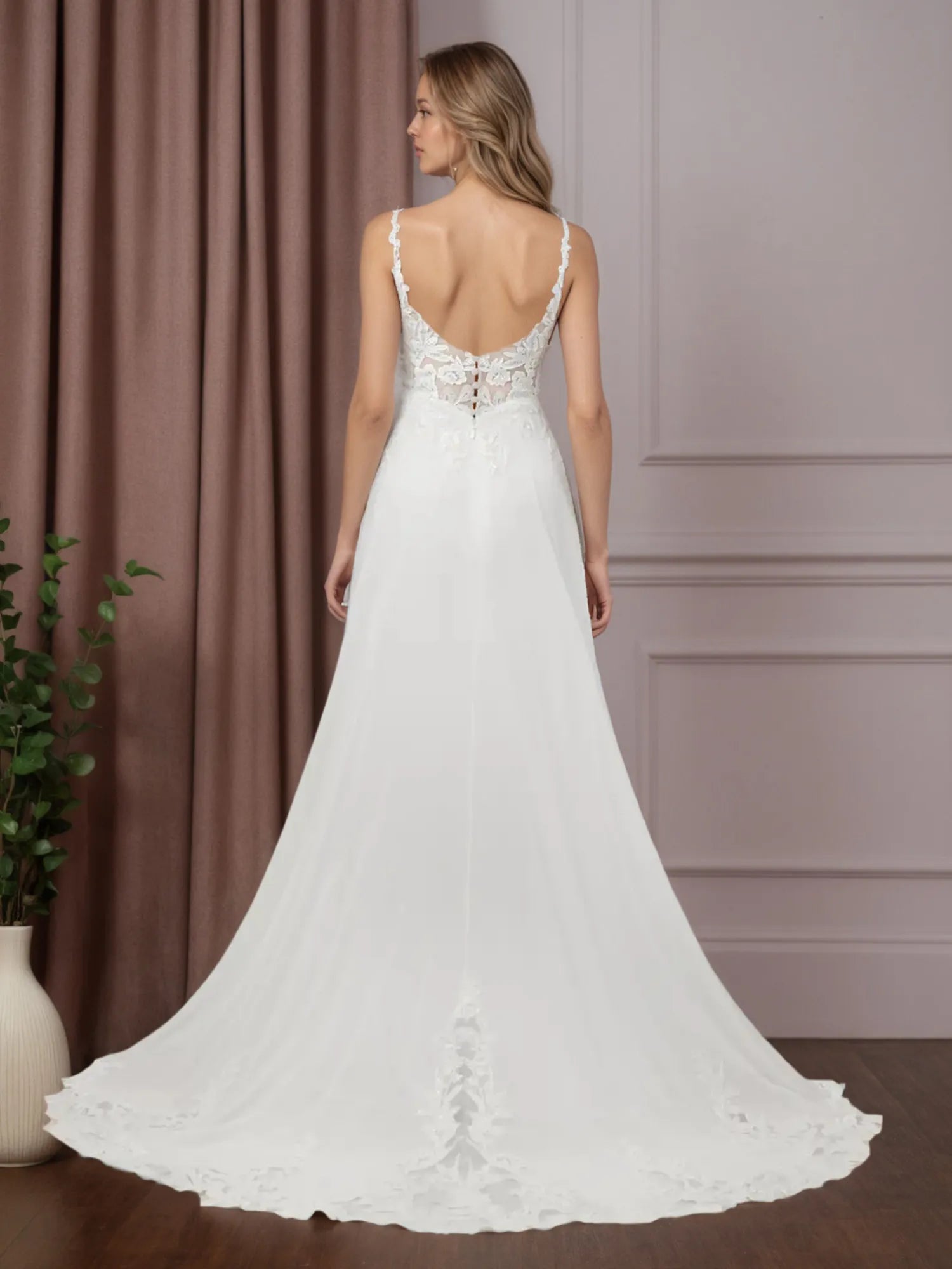 White A-Line V-Neck Sleeveless Sequins Chiffon Wedding Dress