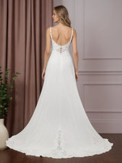 White A-Line V-Neck Sleeveless Sequins Chiffon Wedding Dress
