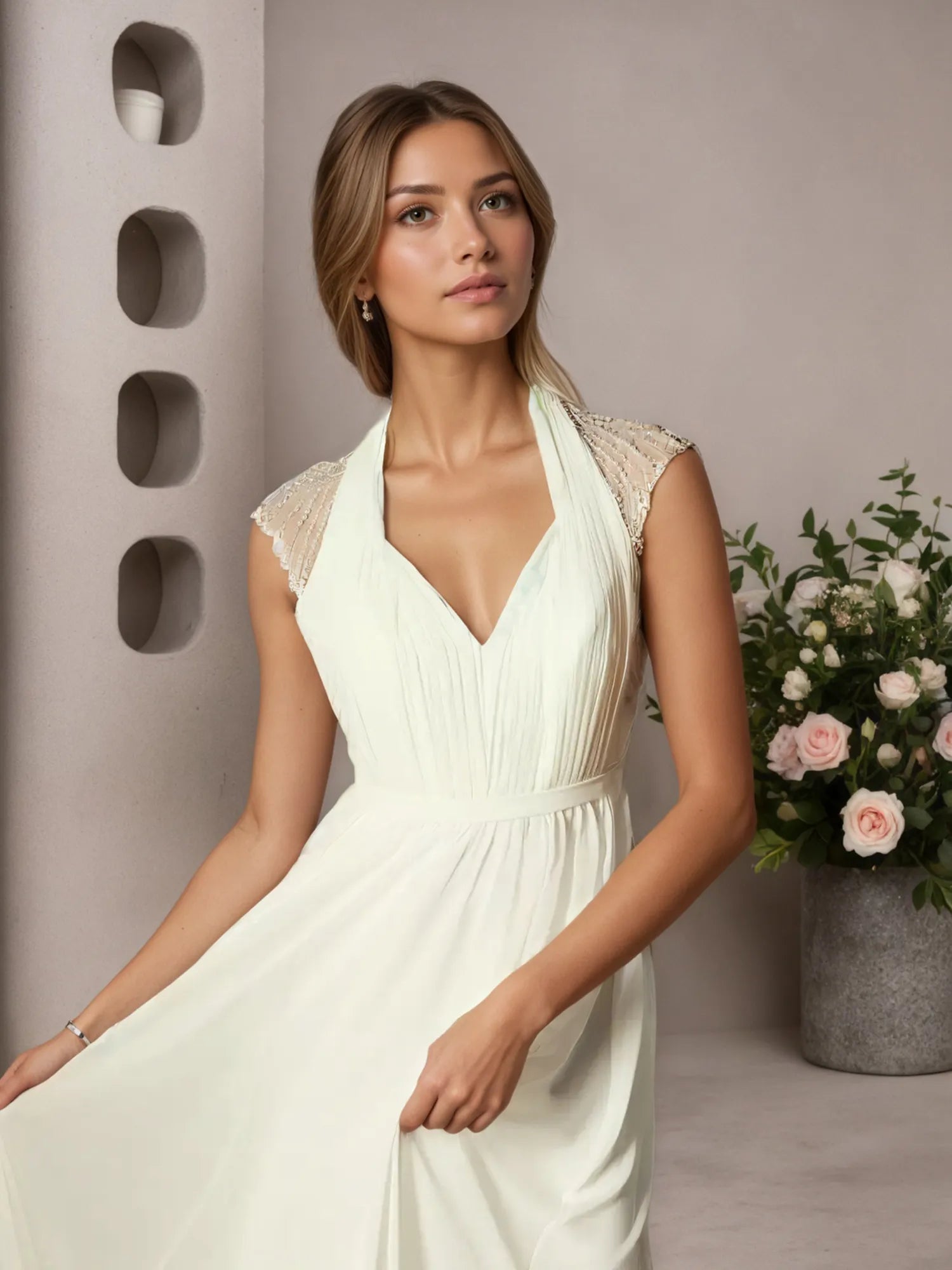 Cream A-Line Pleated Chiffon Dress